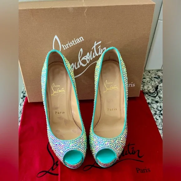 Christian Louboutin Tiffany Blue Swarovski Crystal Heels Prive 120 Size 37 or 7 - Picture 3 of 7